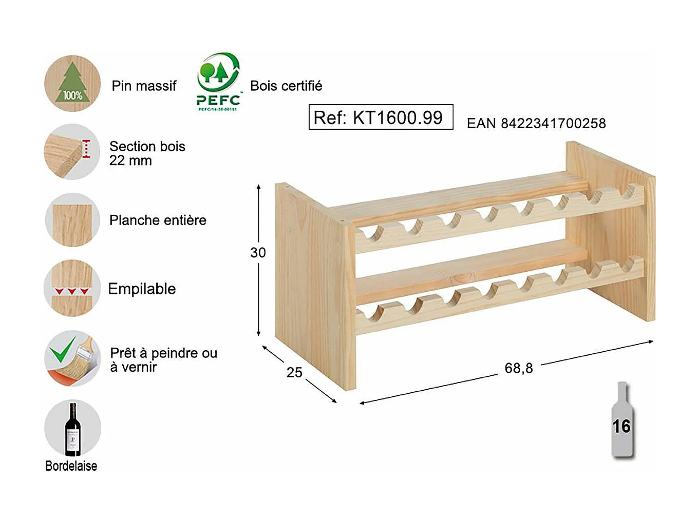 Portabottiglie impilabile Katea Pine