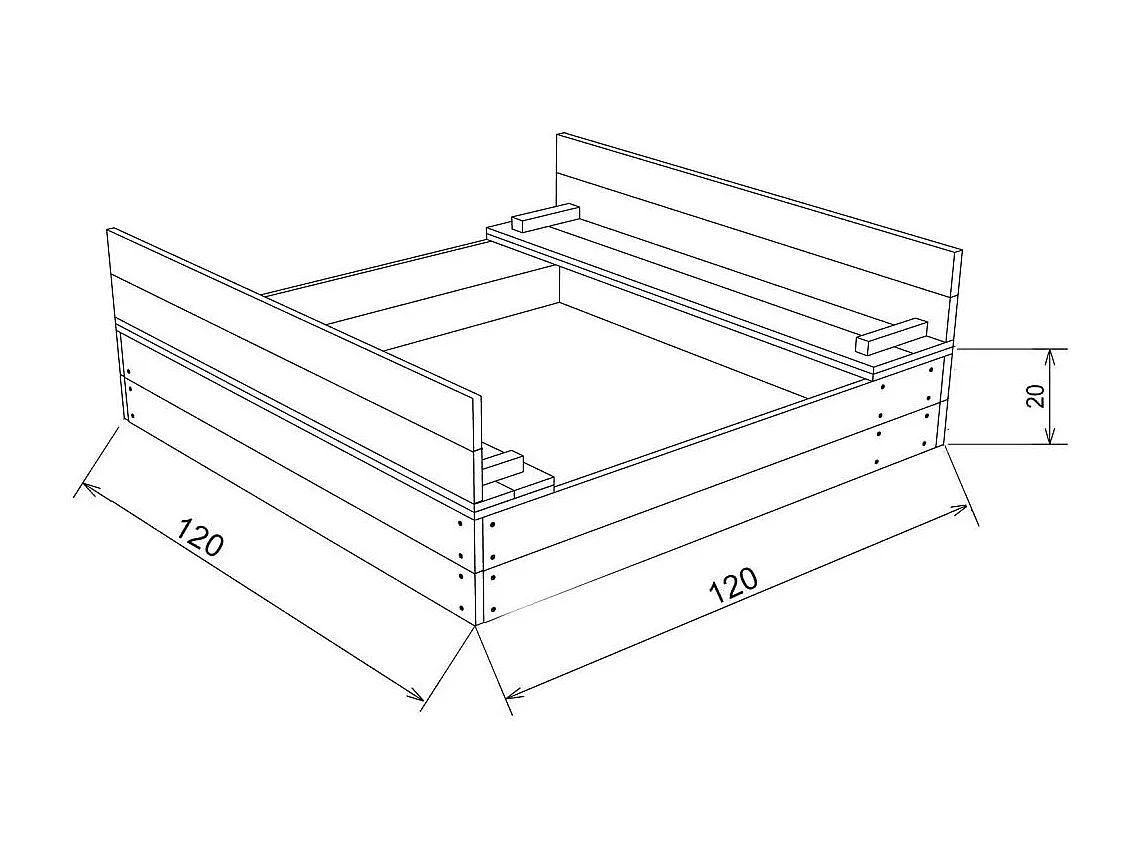 Bac à sable en hemlock avec bancs et couvercle Ella 120 x 120 cm