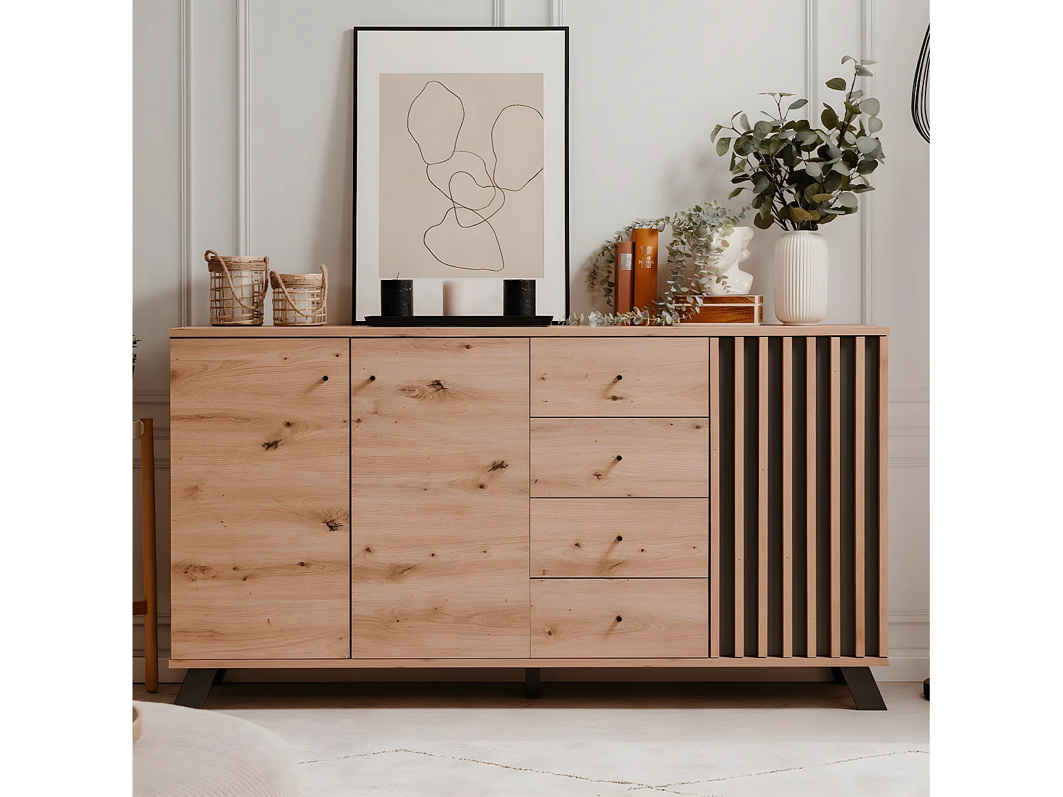 Buffet 3 portes et 4 tiroirs décor chêne artisan L160 cm - LUBLIN