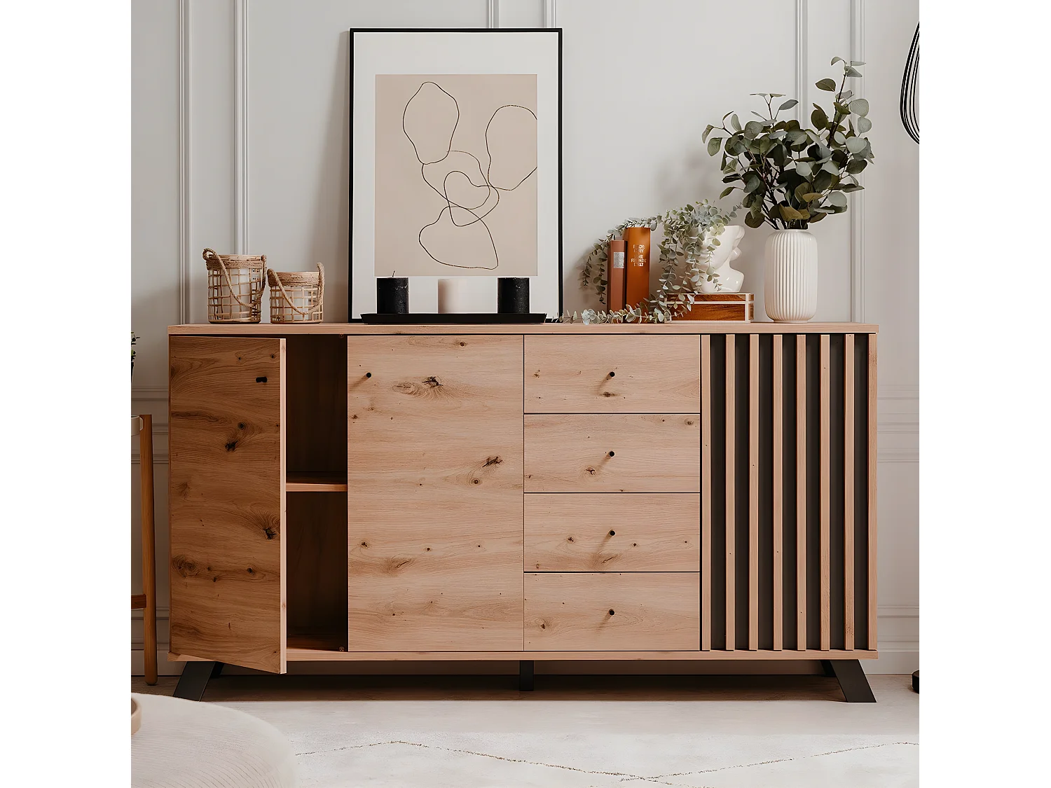 Buffet 3 portes et 4 tiroirs décor chêne artisan L160 cm - LUBLIN