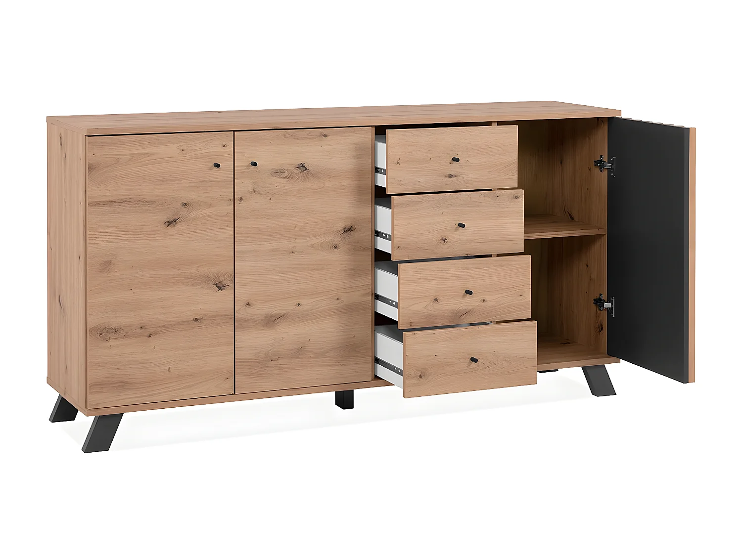 Buffet 3 portes et 4 tiroirs décor chêne artisan L160 cm - LUBLIN