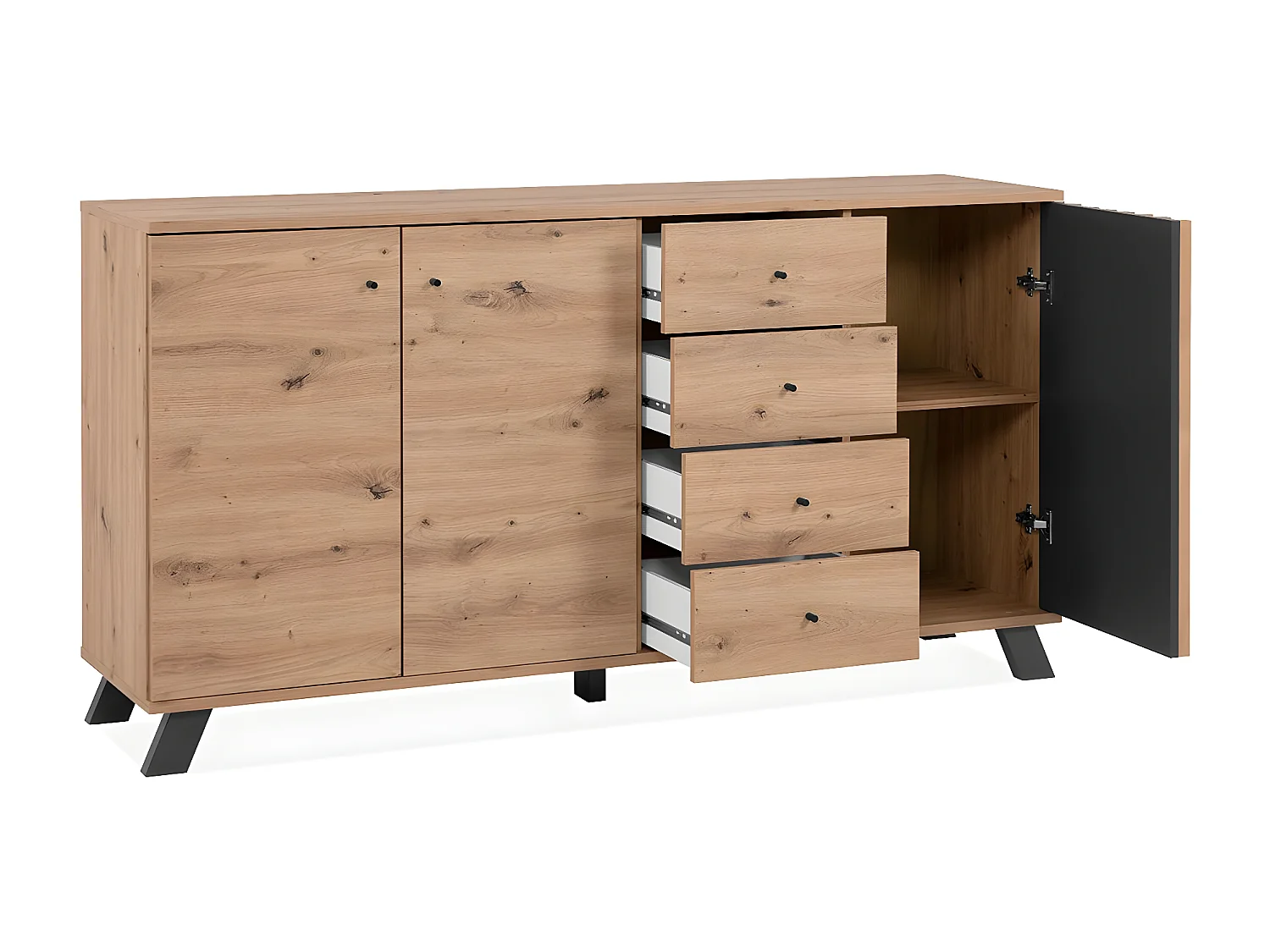 Buffet 3 portes et 4 tiroirs décor chêne artisan L160 cm - LUBLIN