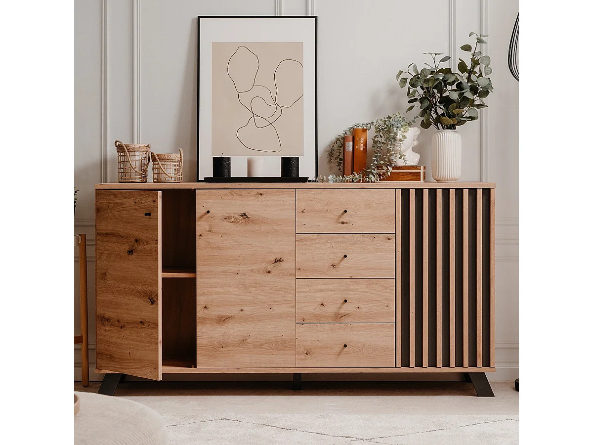 Buffet 3 portes et 4 tiroirs décor chêne artisan L160 cm - LUBLIN