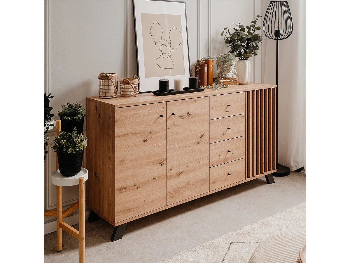 Buffet 3 portes et 4 tiroirs décor chêne artisan L160 cm - LUBLIN