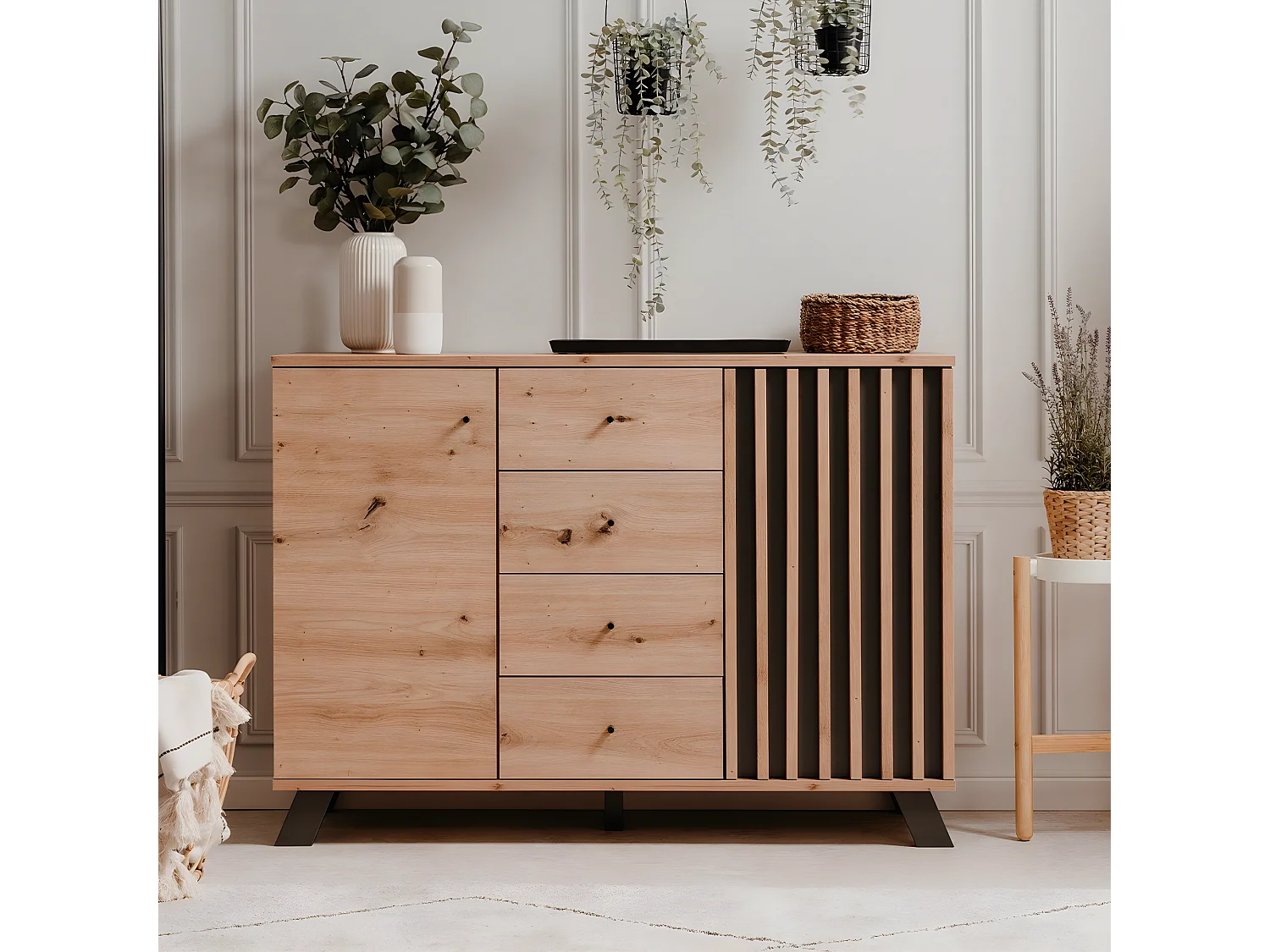 Buffet 2 portes et 4 tiroirs décor chêne artisan L118 cm - LUBLIN