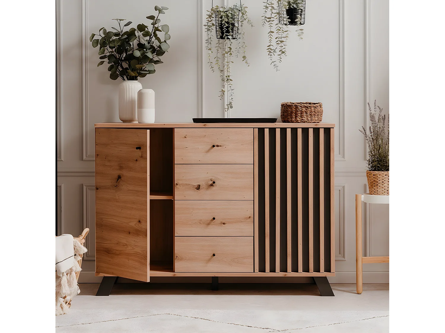 Buffet 2 portes et 4 tiroirs décor chêne artisan L118 cm - LUBLIN