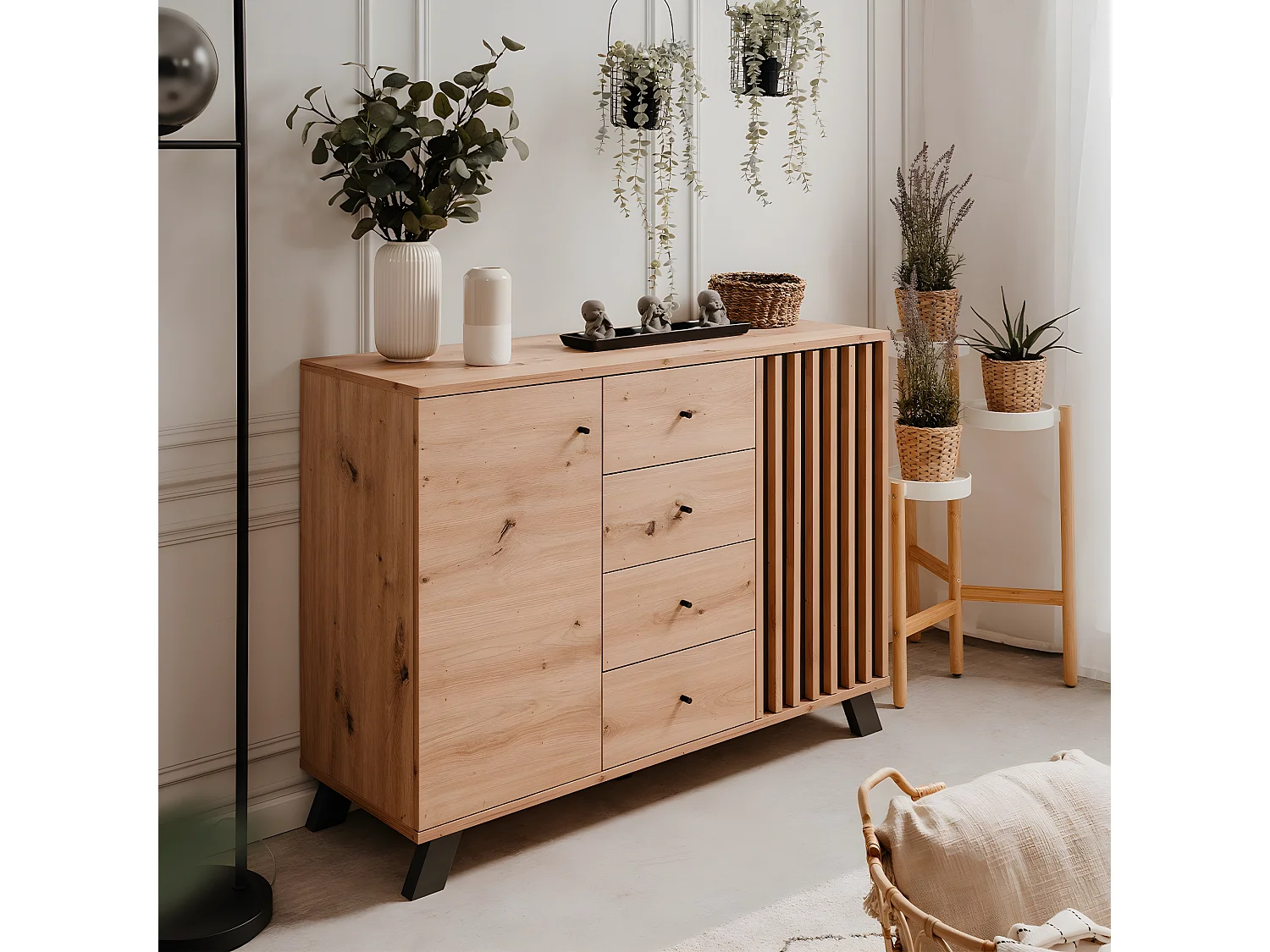 Buffet 2 portes et 4 tiroirs décor chêne artisan L118 cm - LUBLIN