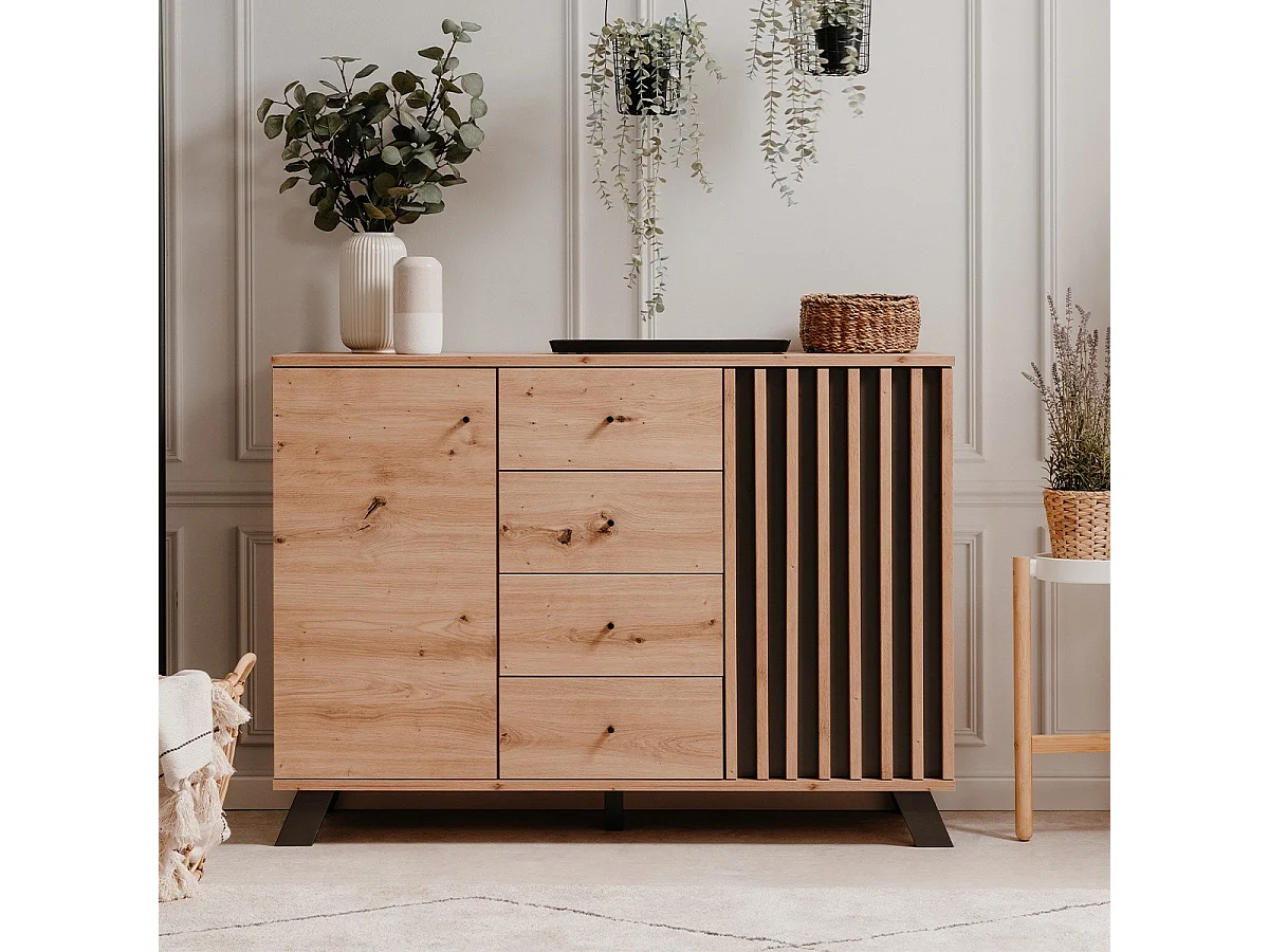 Kredens 2-drzwiowy z 4 szufladami, dąb artisan L118 cm - LUBLIN