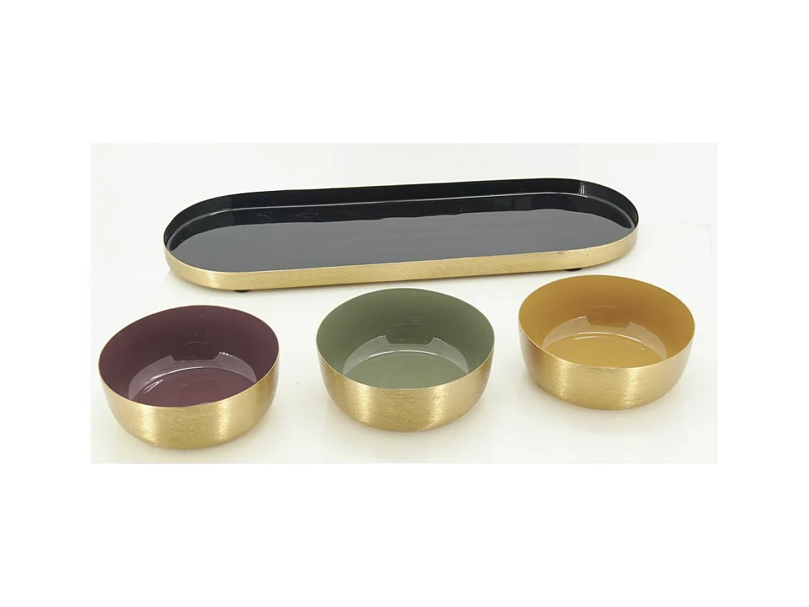 Plateau + 3 coupelles apéritives en métal doré