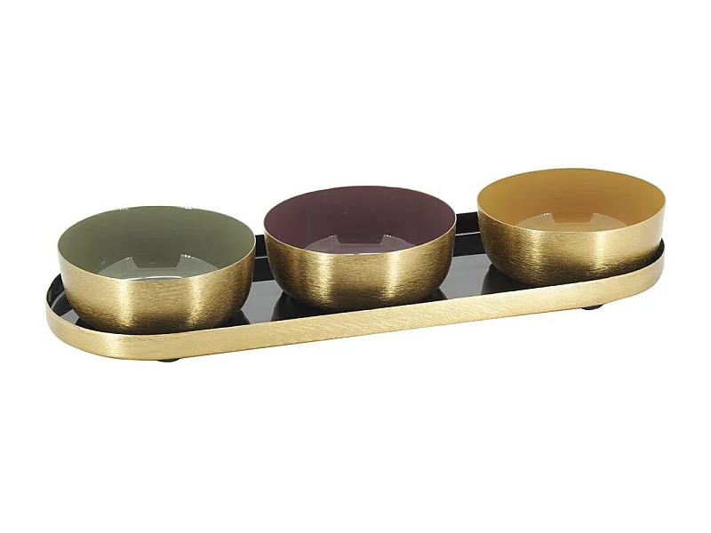 Plateau + 3 coupelles apéritives en métal doré