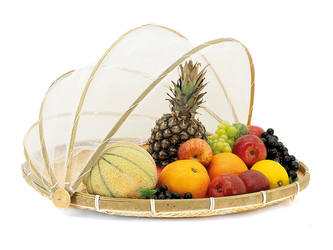 Plateau rond en bambou avec cloche en filet