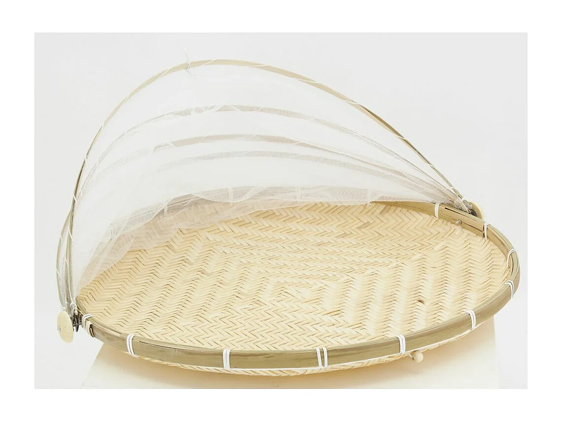 Plateau rond en bambou avec cloche en filet