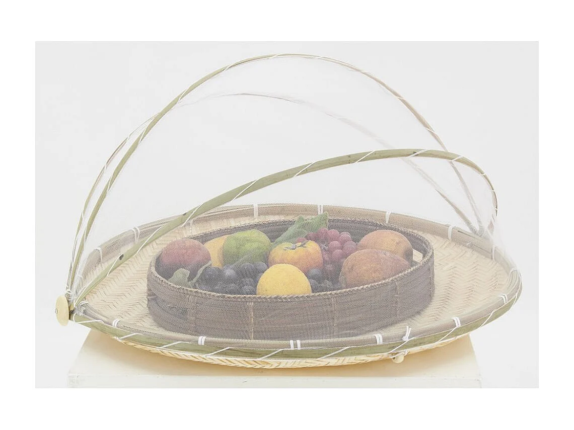 Plateau rond en bambou avec cloche en filet
