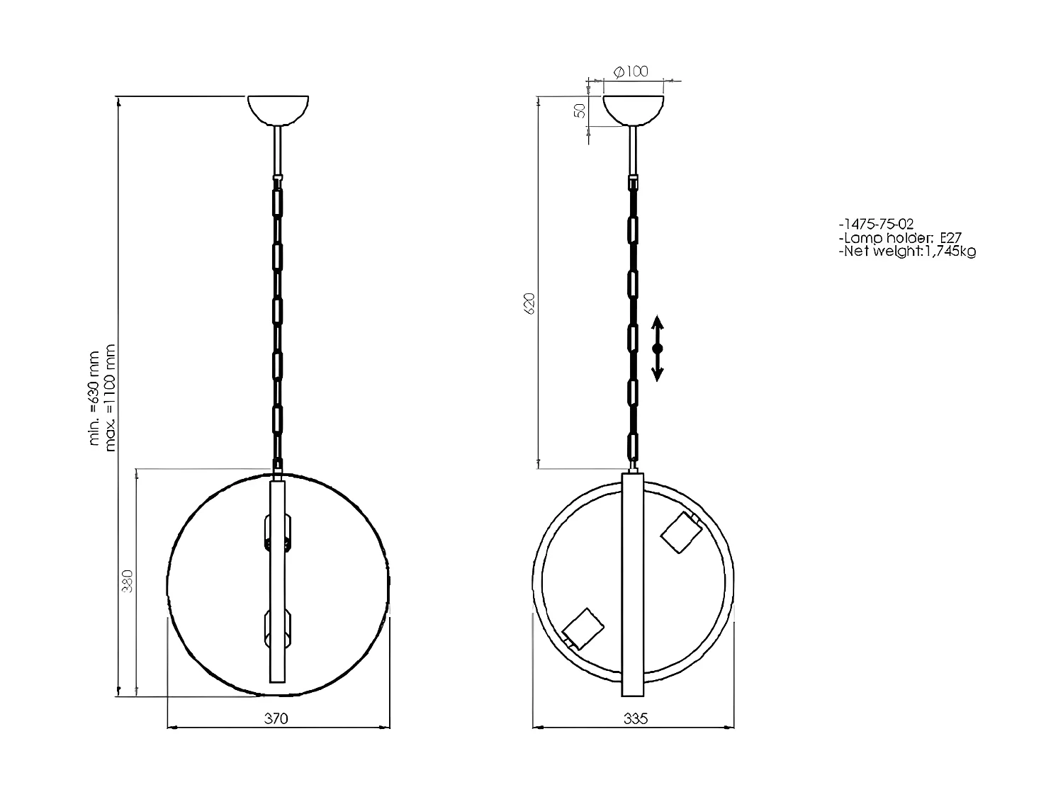 Suspension Treviso, Or, 33,5x37x110 cm, EPIKASA
