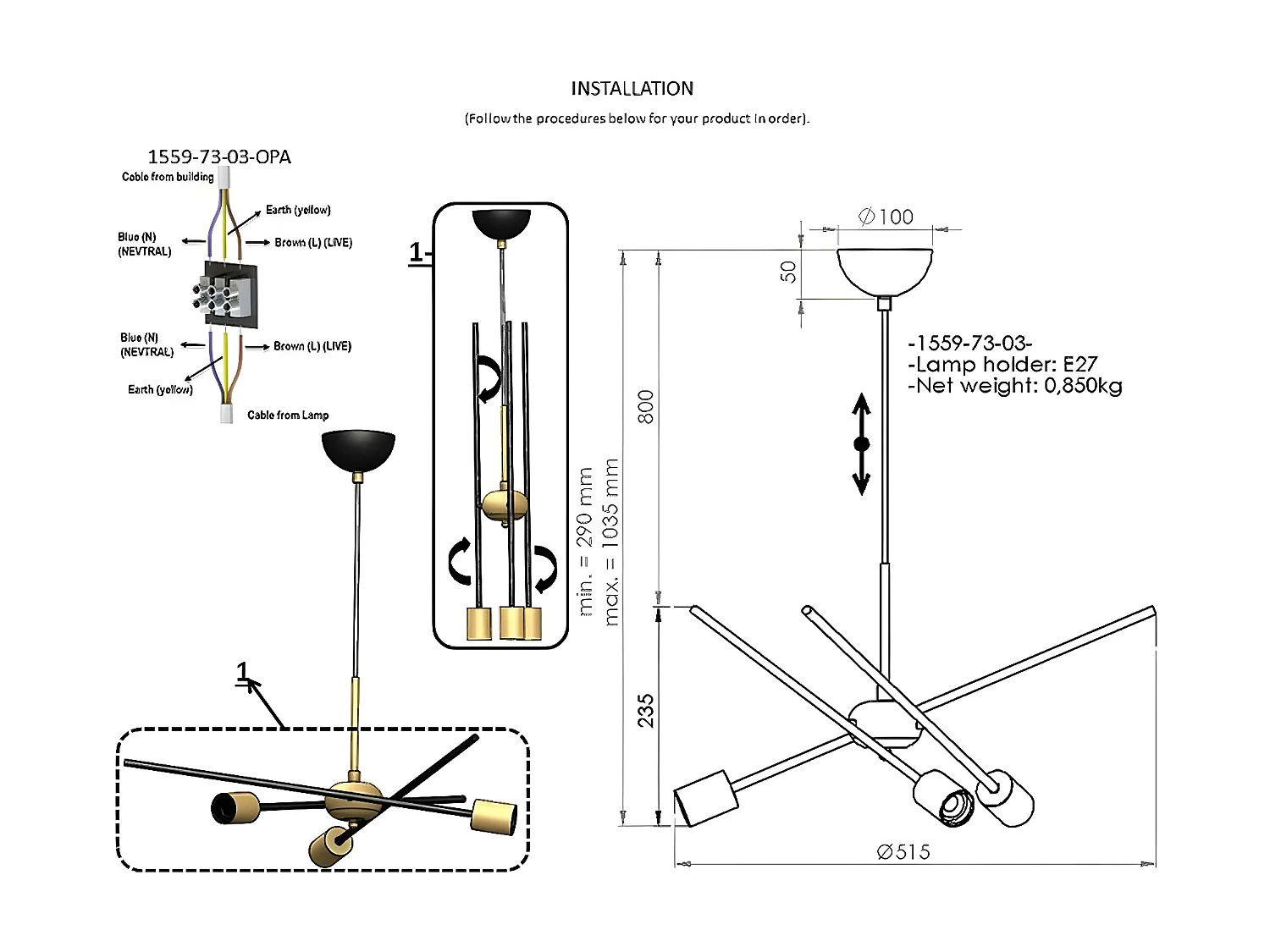 Suspension Pavia, Noir, 51,5x51,5x103,5 cm, EPIKASA