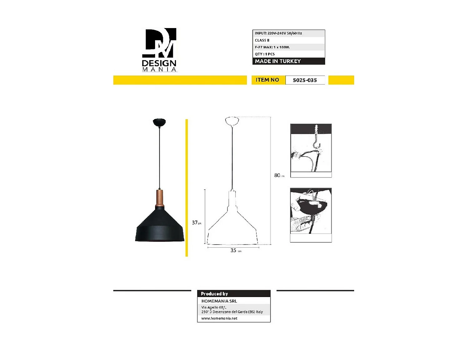 Suspension Firenze, Noir, 35x35x80 cm, EPIKASA