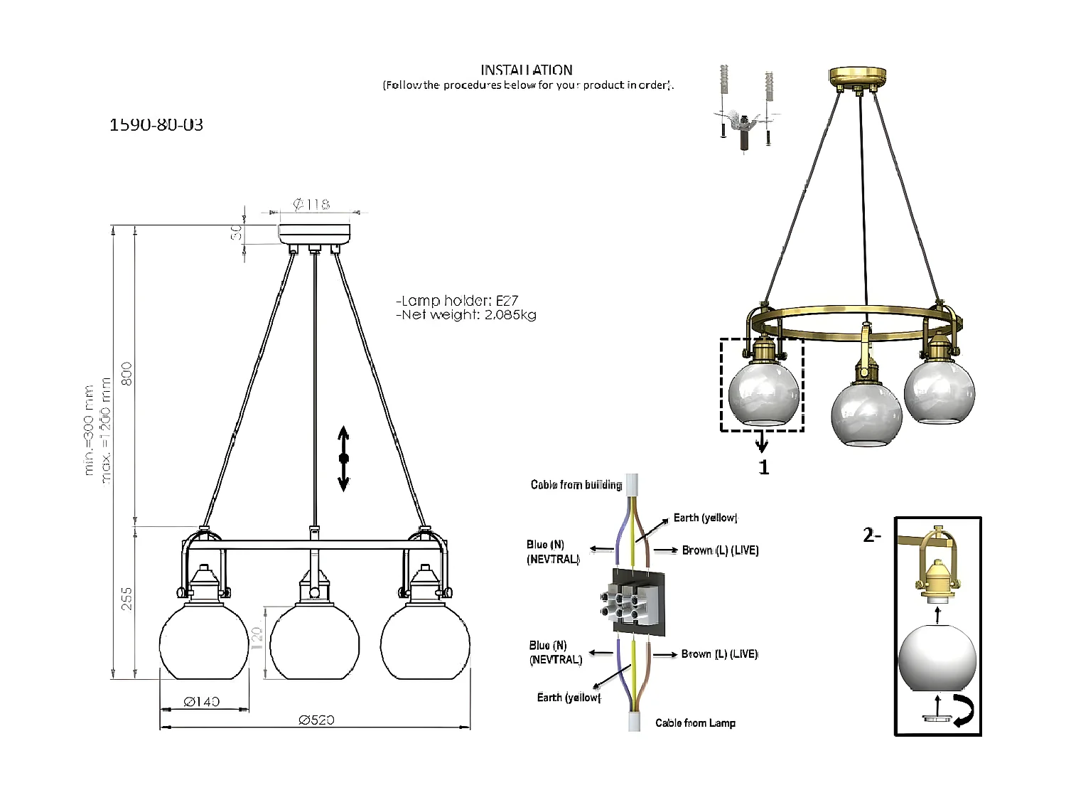 Suspension Pesaro, Or, 52x52x120 cm, EPIKASA
