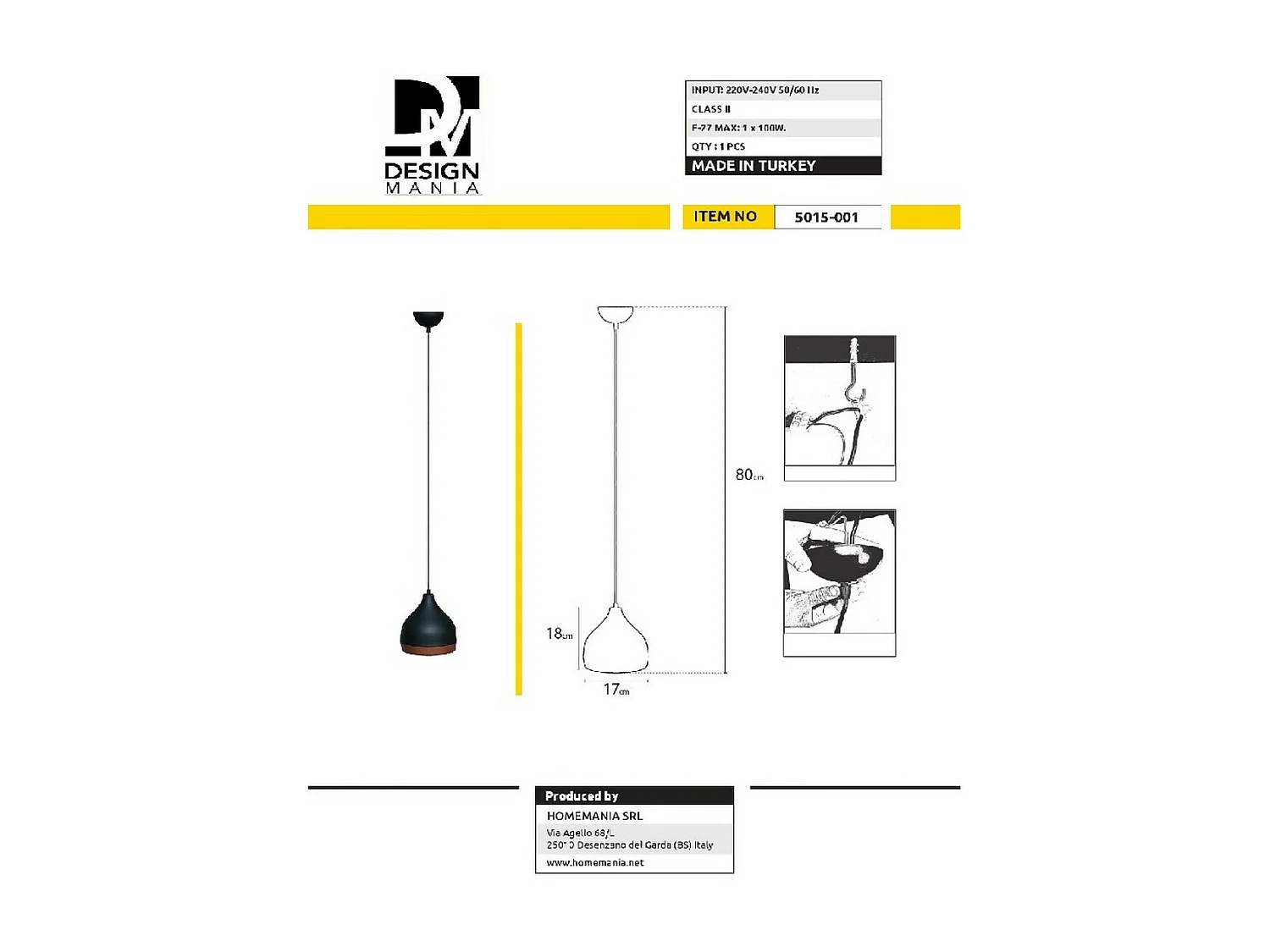 Suspension Firenze, Noir, 17x17x80 cm, EPIKASA