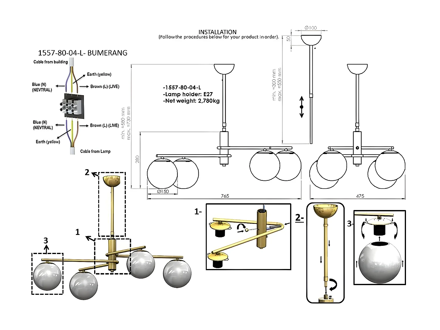 Suspension Benevento, Or, 47,5x76,5x73 cm, EPIKASA