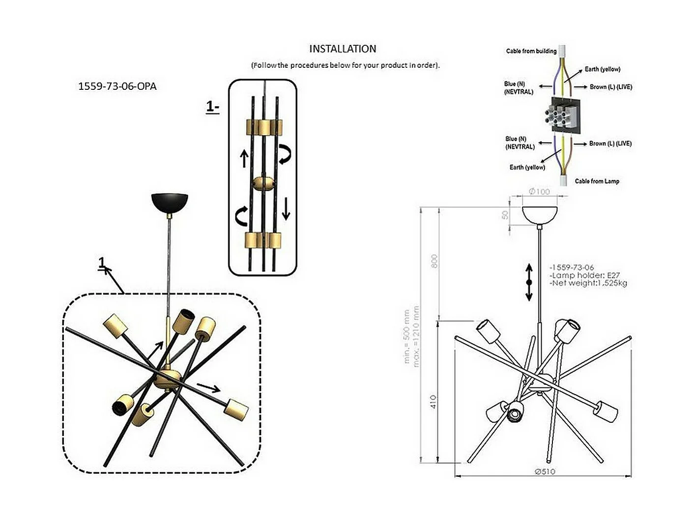 Suspension Pavia, Noir, 51x51x121 cm, EPIKASA