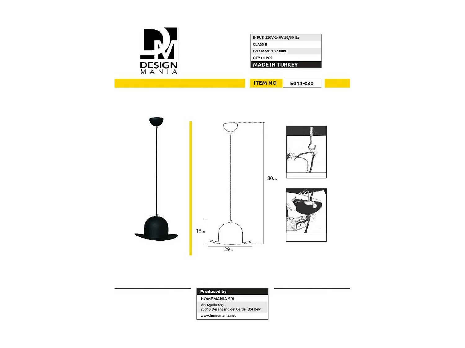 Lampada a Sospensione Bologna, Nero, 29x29x80 cm, EPIKASA