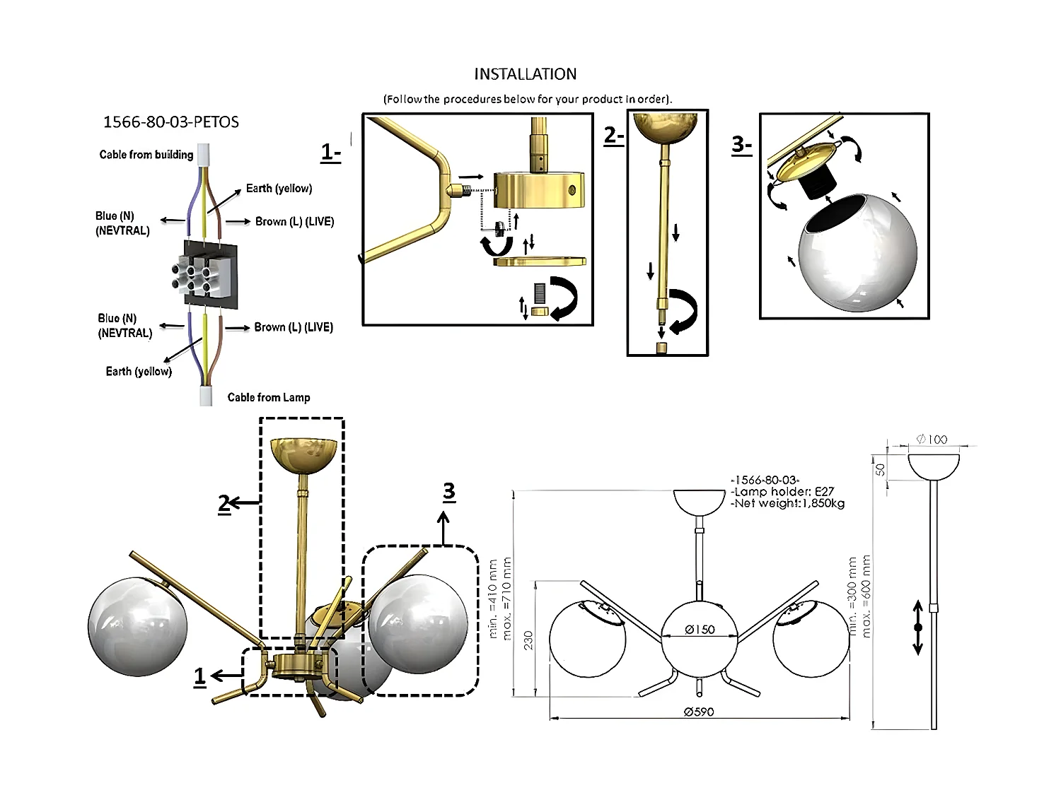 Suspension Pistoia, Or, 59x59x71 cm, EPIKASA