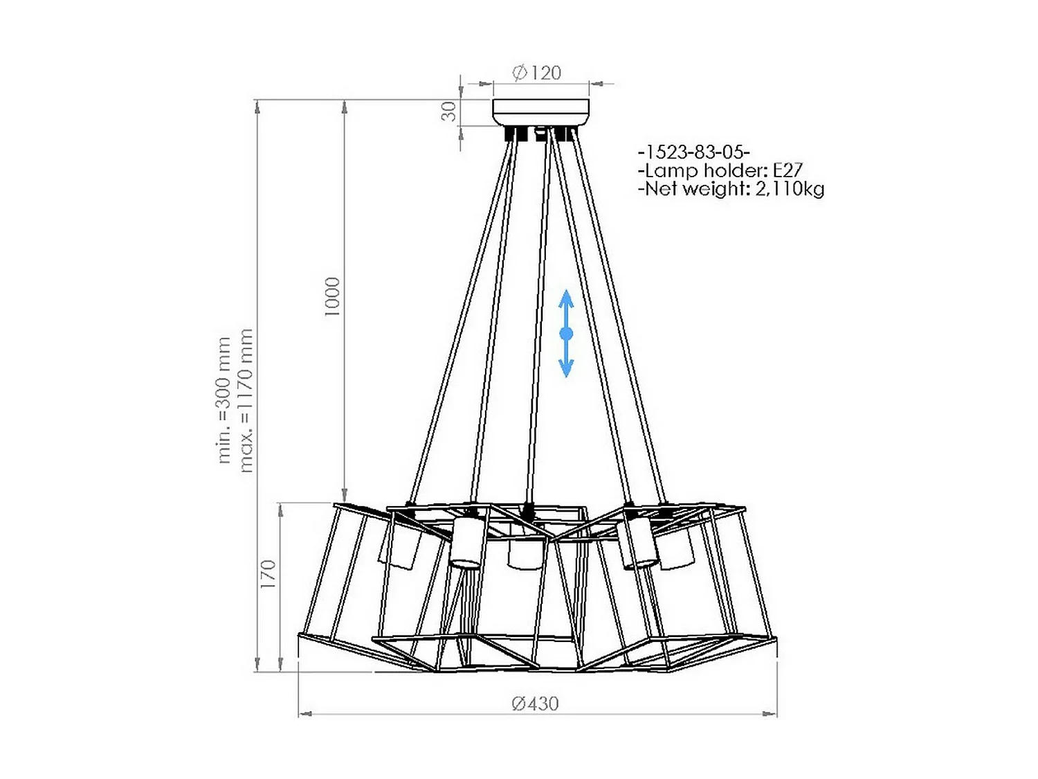 Candeeiro Suspenso Milano, Preto, 43x43x117 cm, EPIKASA