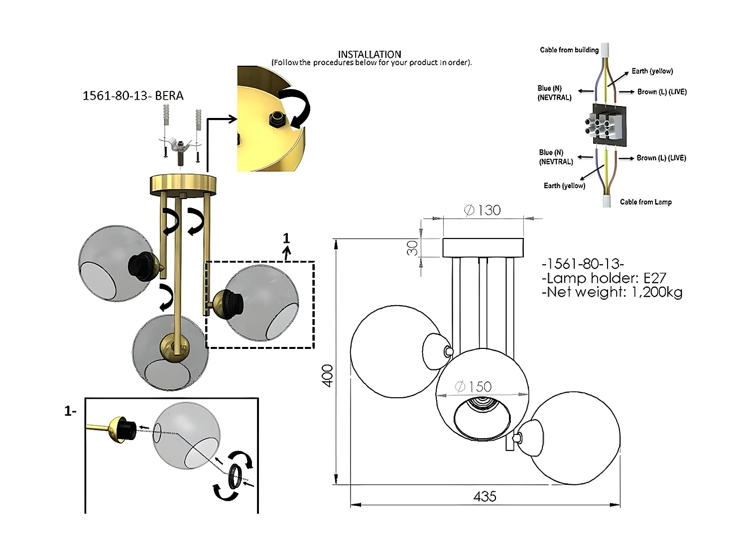 Plafonnier Avellino, Or, 43,5x43,5x40 cm, EPIKASA