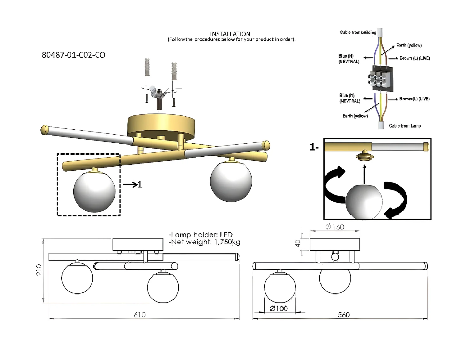 Plafondlamp Vercelli - Goud - 61x56x21 cm - EPIKASA