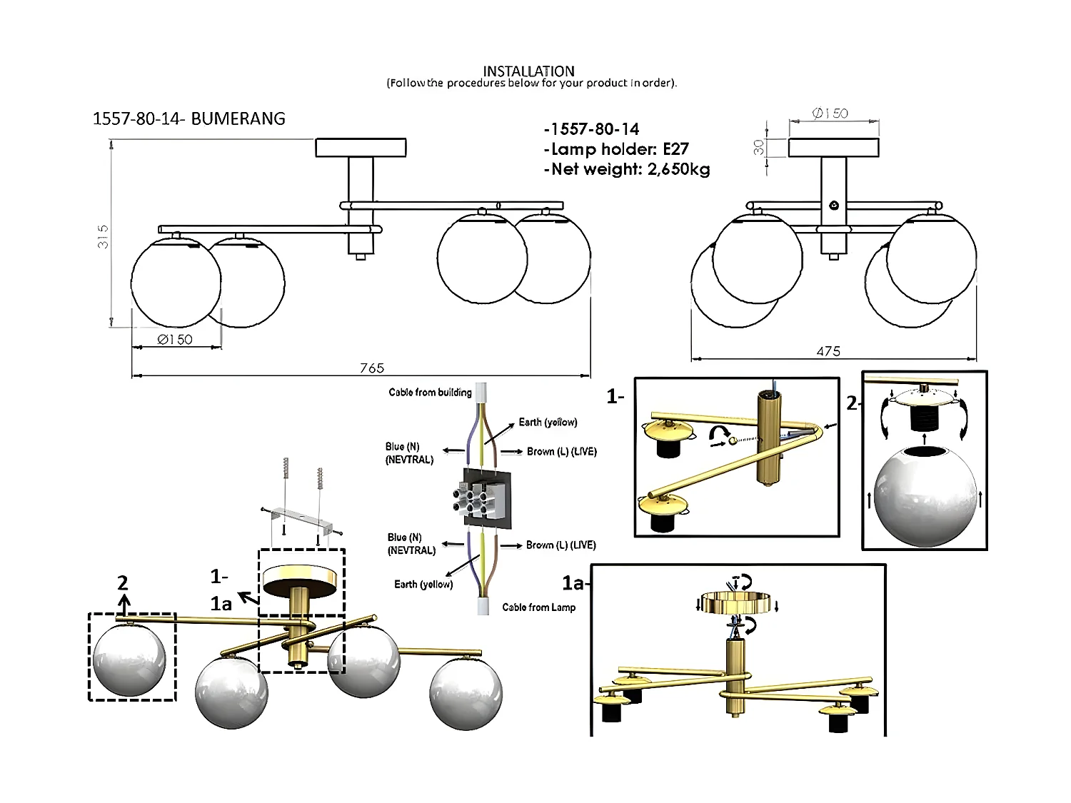 Plafonnier Benevento, Or, 47,5x76,5x31,5 cm, EPIKASA