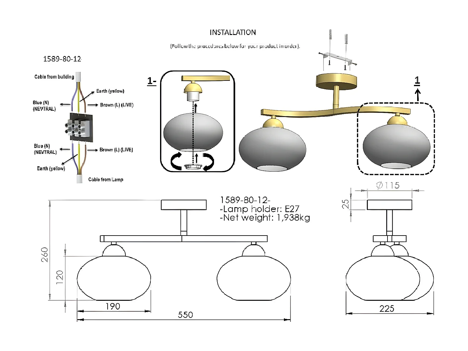 Plafonnier Udine, Or, 22,5x55x26 cm, EPIKASA