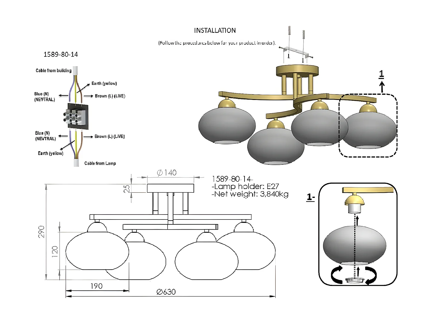 Plafonnier Udine, Or, 63x63x29 cm, EPIKASA
