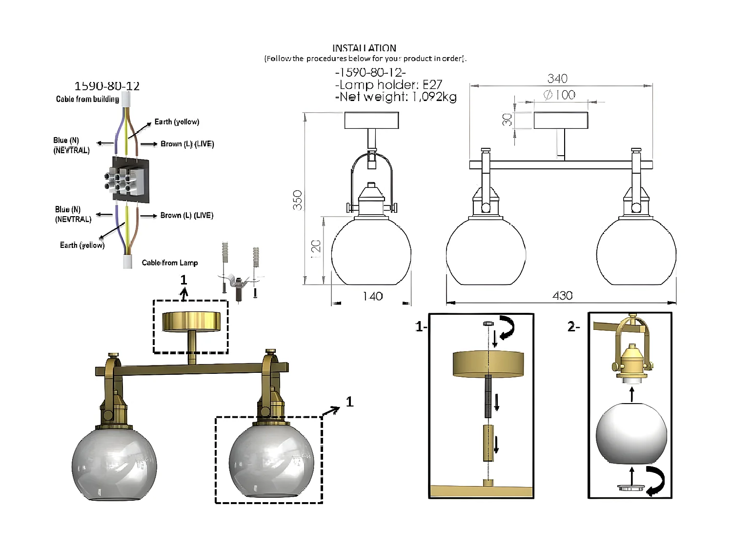 Plafonnier Pesaro, Or, 14x43x35 cm, EPIKASA