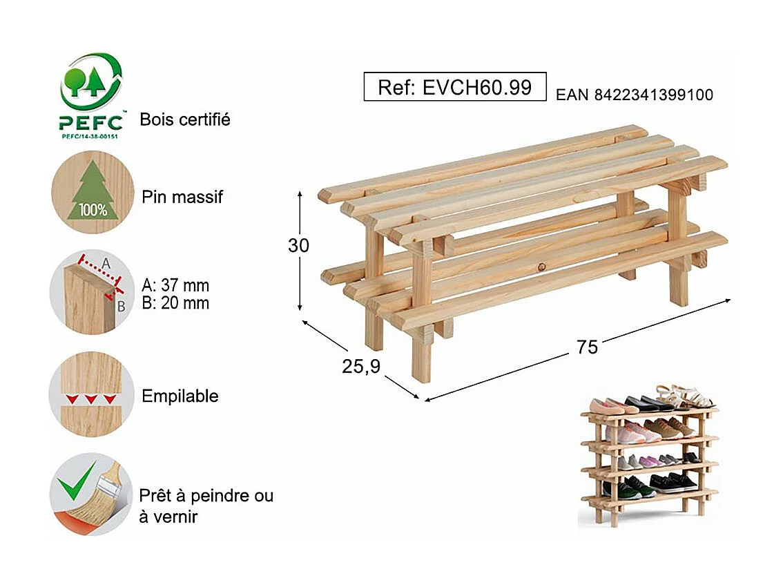Meuble à chaussures en pin massif Evolution