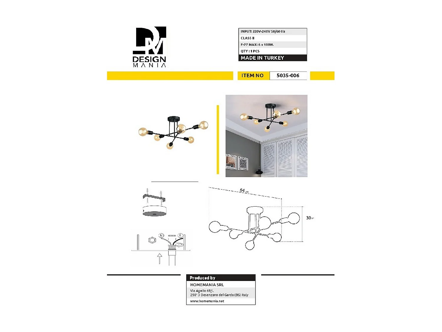 Plafonnier Matera, Noir, 64x64x30 cm, EPIKASA