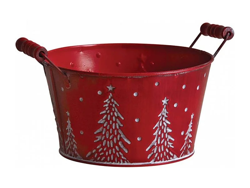 Corbeille ronde en métal rouge décor sapins blancs Ø14 cm