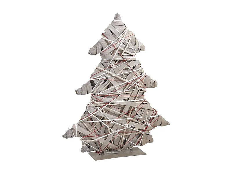 Sapin décoratif en bois blanchi avec base métal et guirlandes ficelle 42×9×52 cm