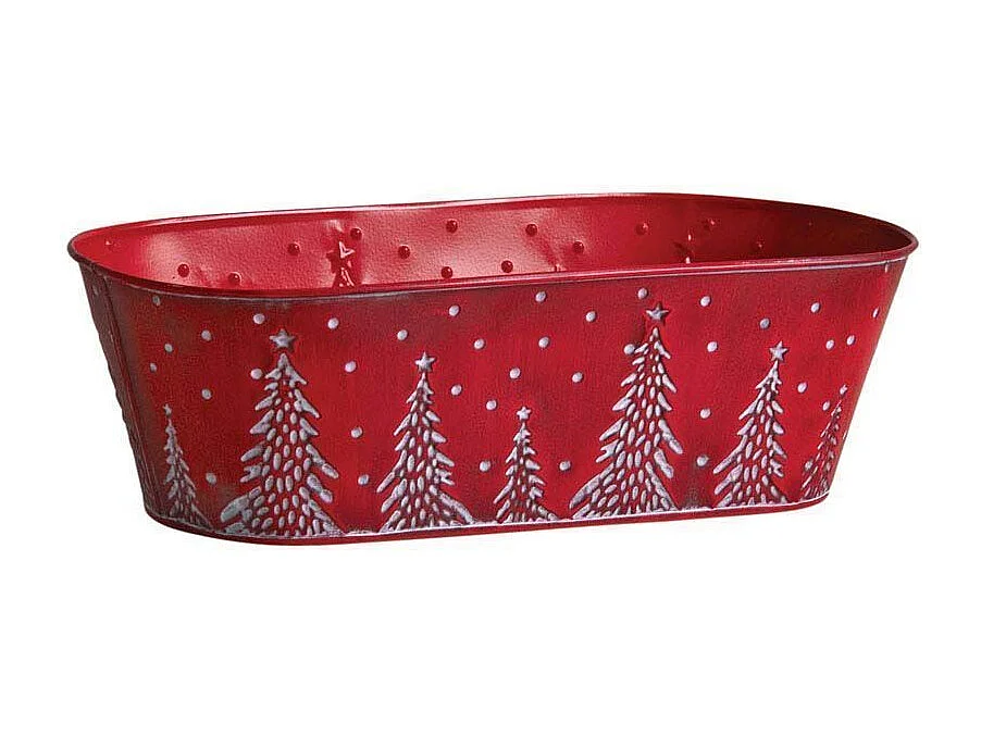 Corbeille en métal rouge sapins de Noël 35 cm