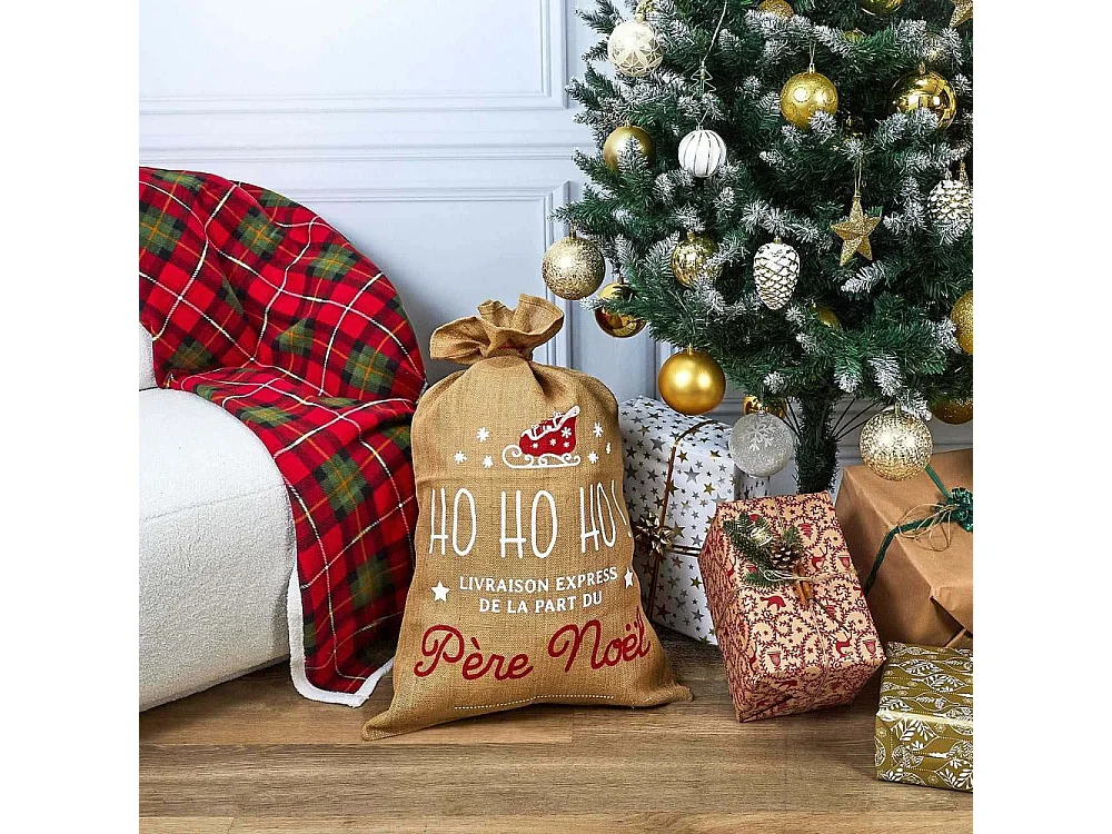 Sac à cadeaux de noel en toile de jute avec inscription Ho ho ho