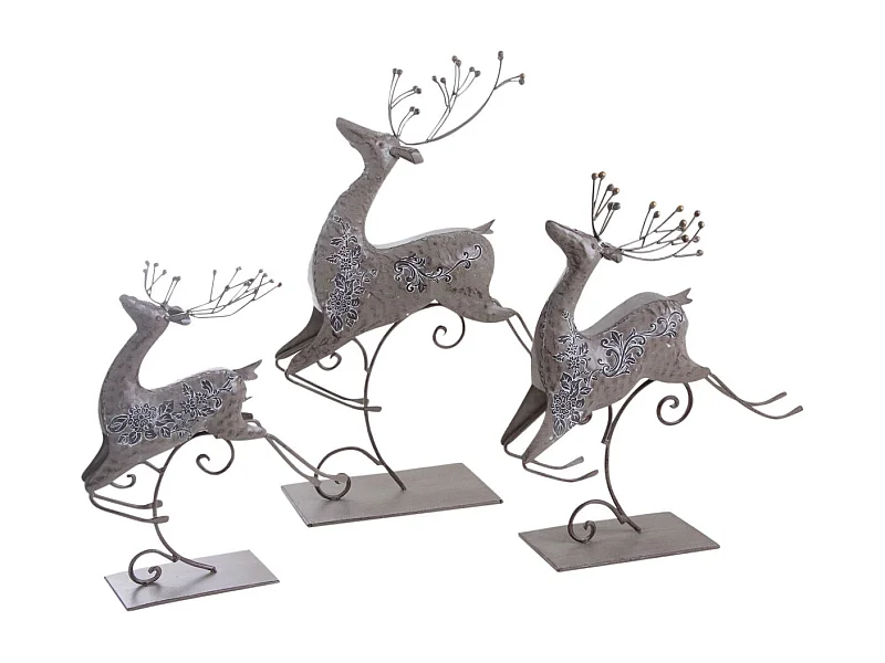 Série de 3 rennes de Noël sur pied en métal laqué gris – Décoration festive élégante