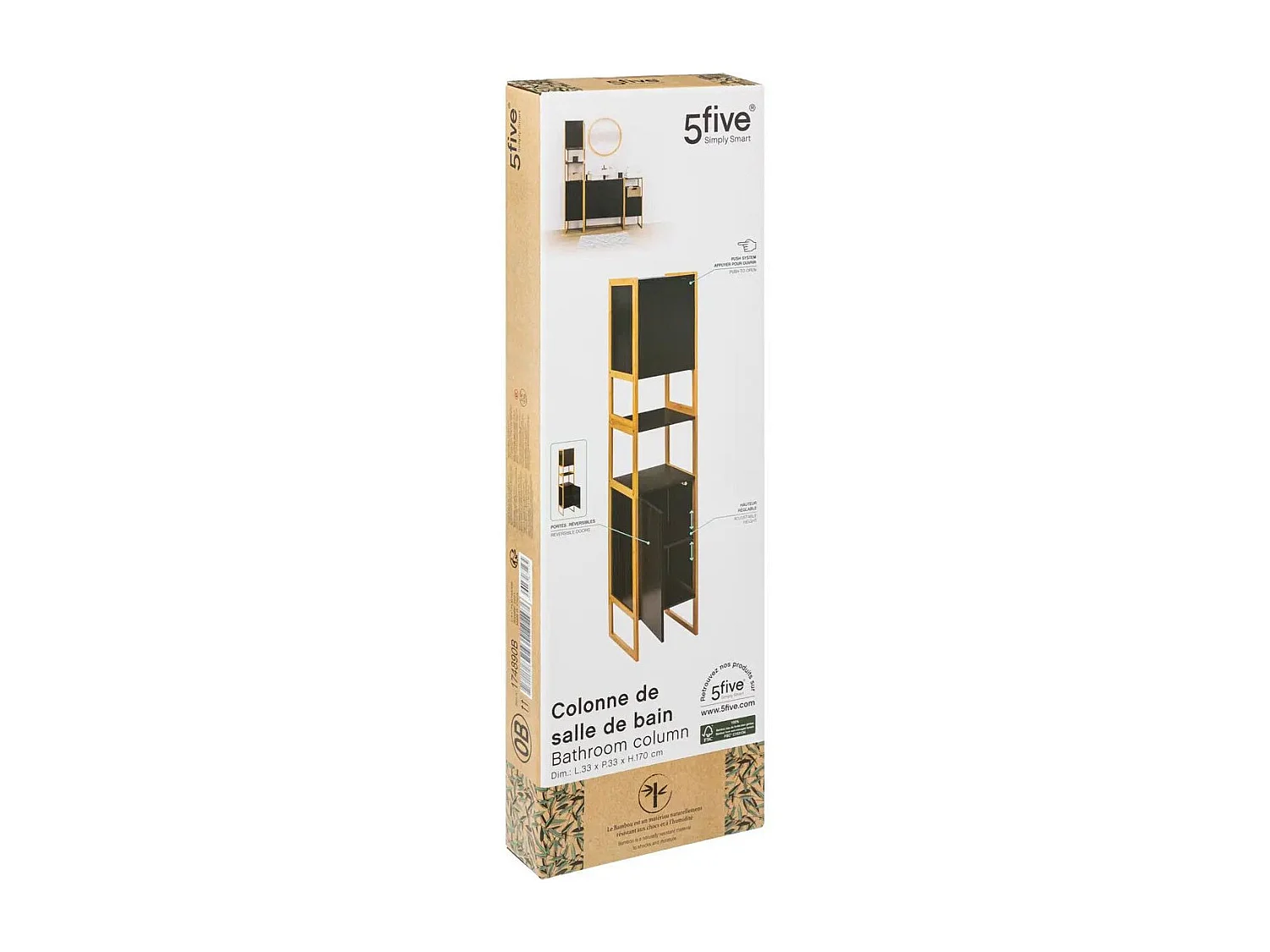 Meuble de rangement Colonne en Bambou et Bois Noir 2 Portes H 170 cm