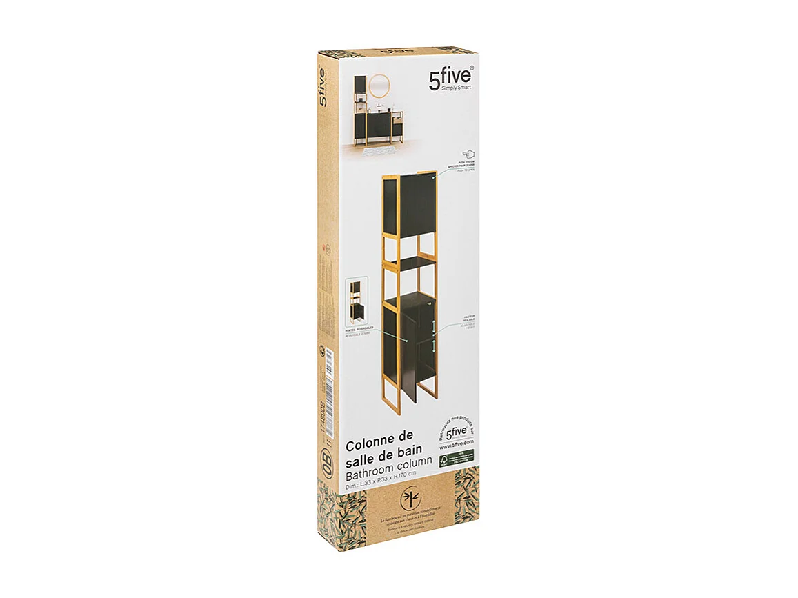 Meuble de rangement Colonne en Bambou et Bois Noir 2 Portes H 170 cm