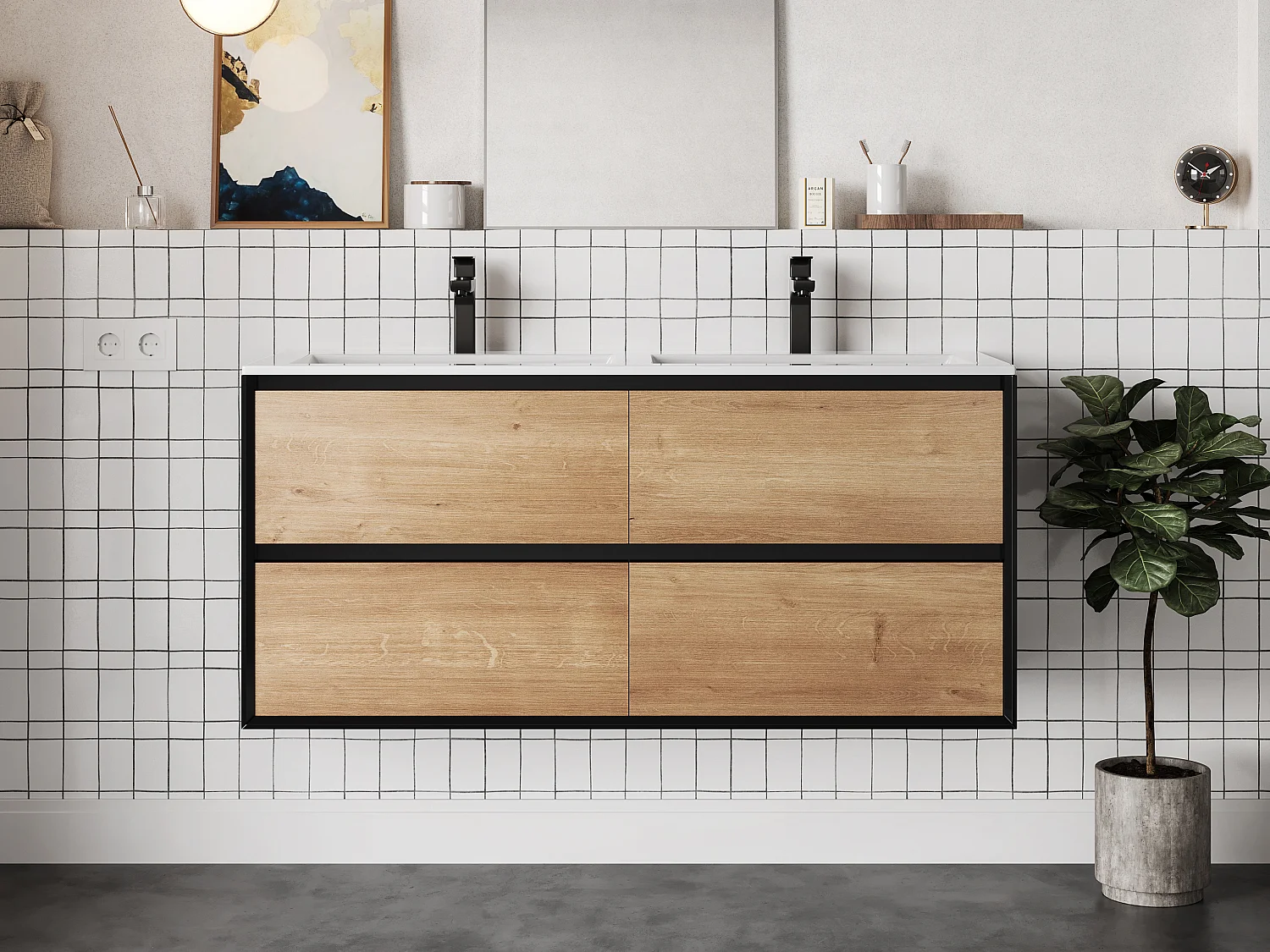 Meuble de salle de bain suspendu avec vasque à encastrer - Coloris naturel clair et noir - 120 cm - LANNICK