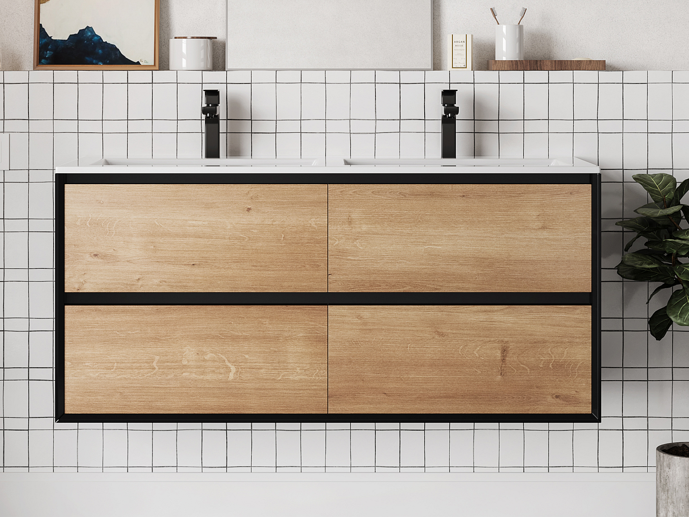 Meuble double vasque suspendu, coloris naturel clair et noir, L120 cm