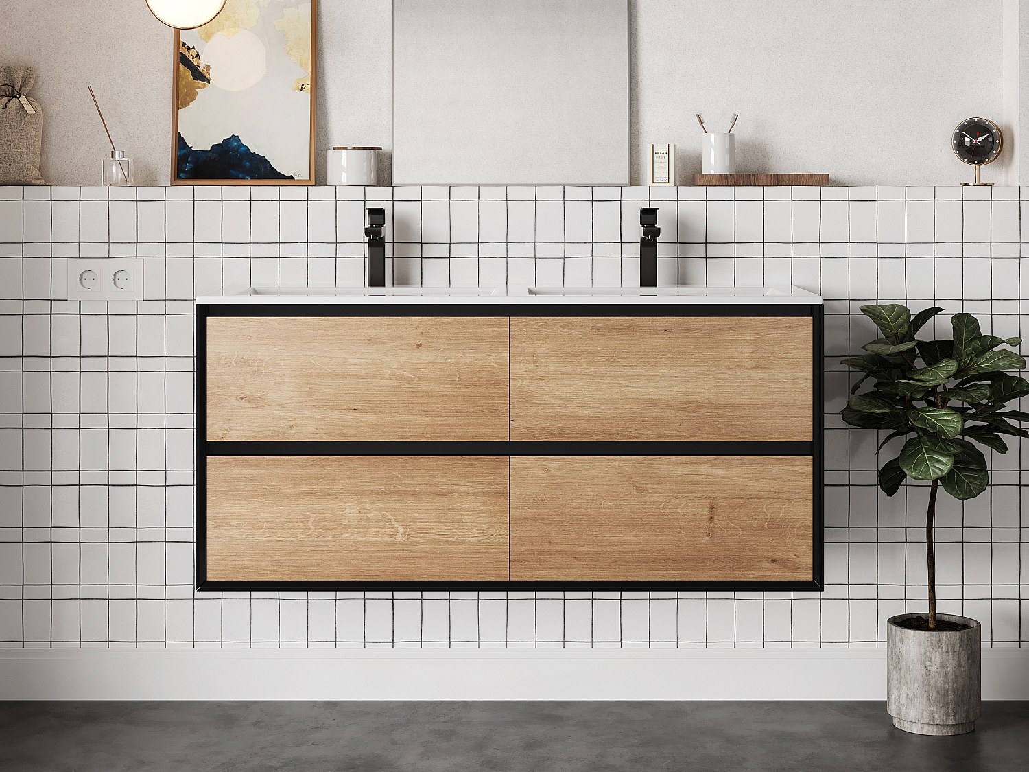 Hängendes Badezimmermöbel mit Einbau-Waschbecken - Helle Naturfarben & Schw günstig online kaufen