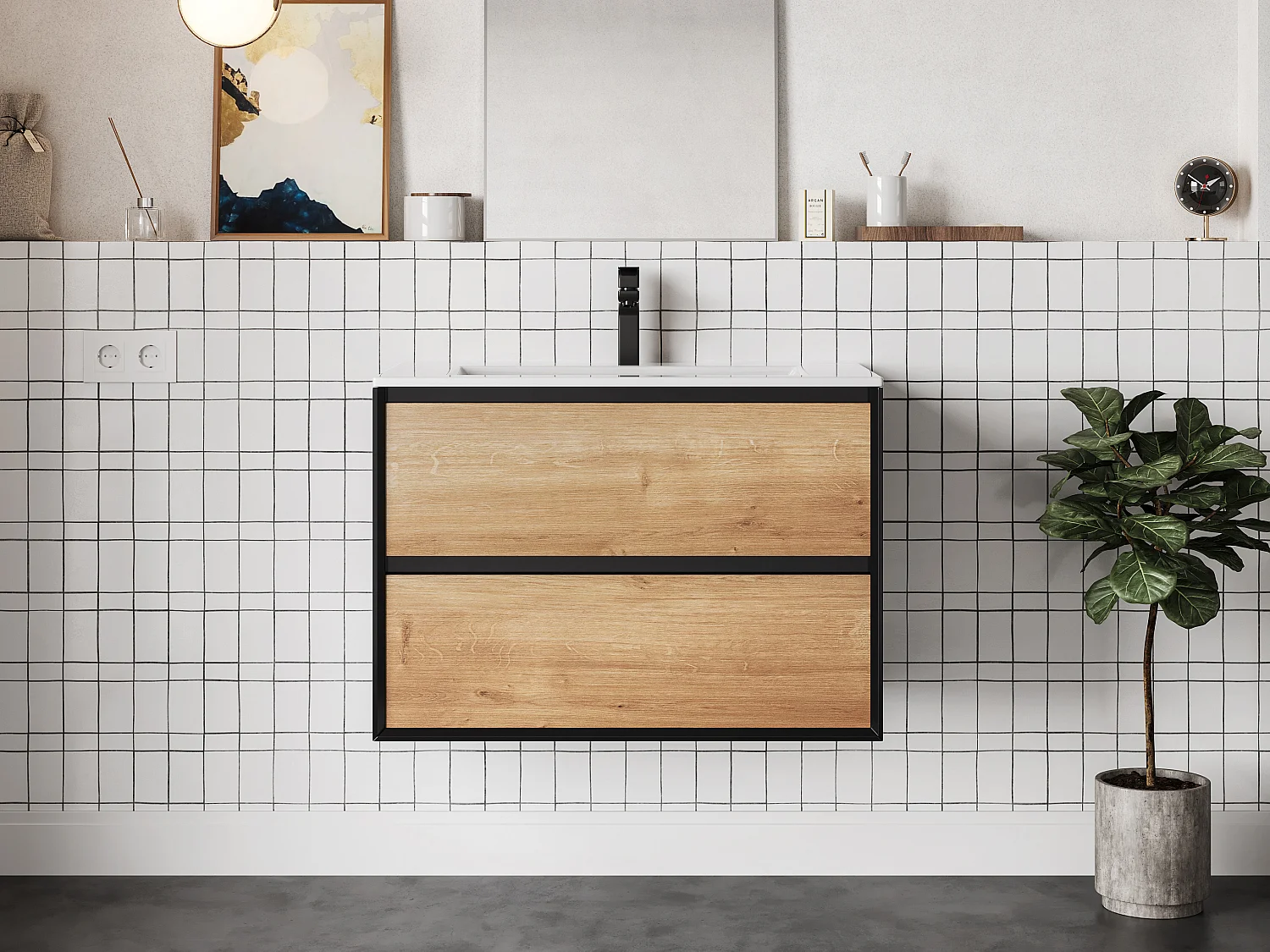 Meuble de salle de bain suspendu avec vasque à encastrer - Coloris naturel clair et noir - 80 cm - LANNICK