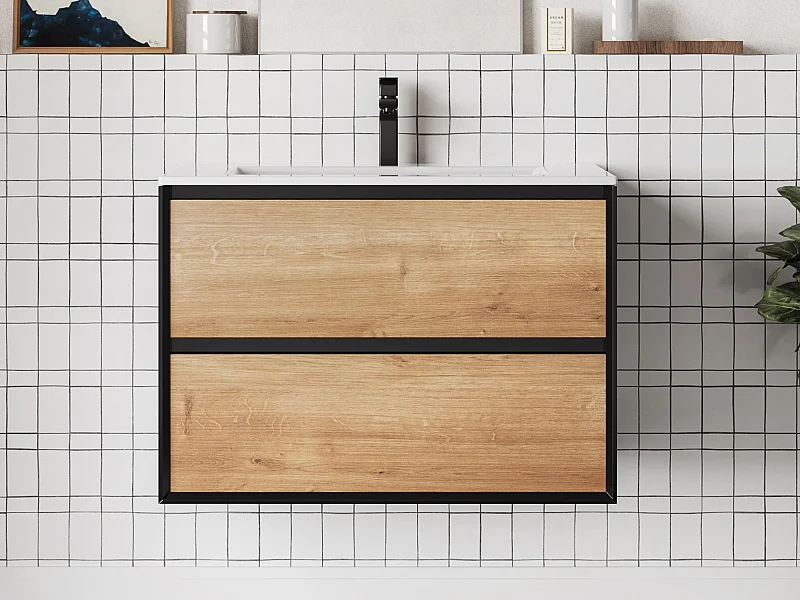 Waschbeckenunterschrank hängend mit Einbauwaschbecken - Holzfarben hell & Schwarz - 80 cm - LANNICK