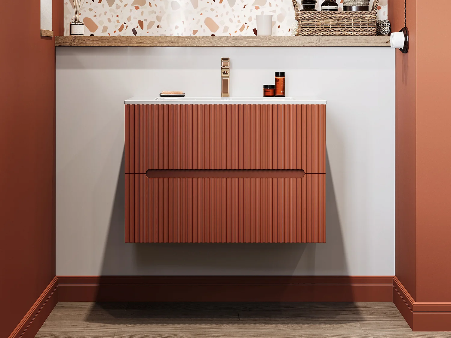 Meuble de salle de bain suspendu avec vasque à encastrer - Strié terracotta - 80 cm - PAVANI