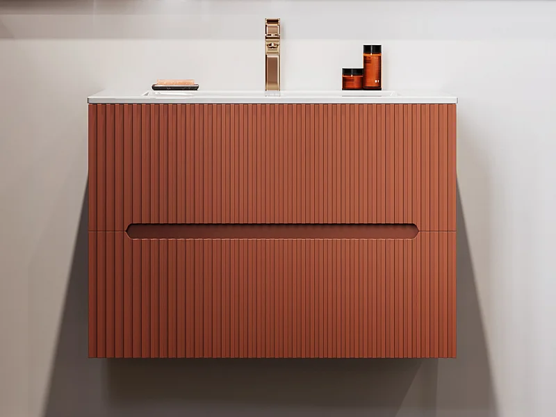 Meuble de salle de bain suspendu avec vasque à encastrer - Strié terracotta - 80 cm - PAVANI