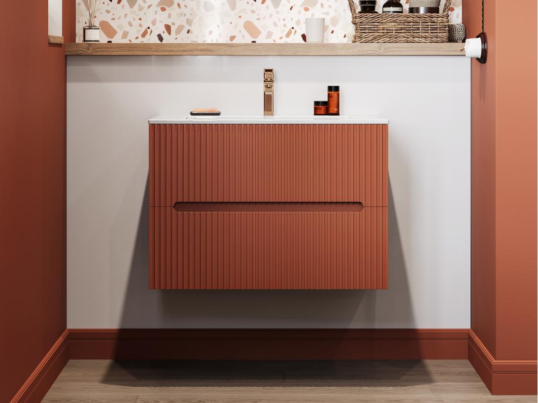 Mueble de baño flotante con lavabo empotrado - Estriado terracota - 80 cm - PAVANI